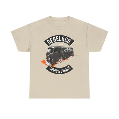 Rebel & Co. luxury men's t-shirt in beige featuring a vintage camper van graphic design, showcasing bold typography and dynamic motion effects, perfect for trendsetters.