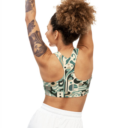 Vivienne Starlight Chic Sports Bra by Dazzling Dreams Studio, featuring a stylish pastel green design with checkerboard and organic shapes, showcasing luxurious comfort and support for active women.