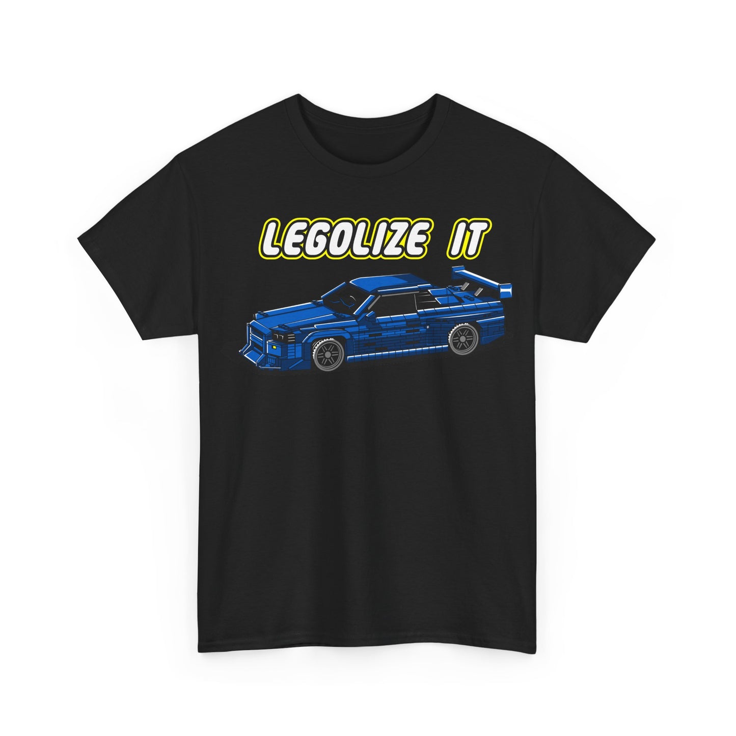 Chic front view of a black men's t-shirt featuring a vibrant pixelated blue sports car and 'LEGALIZE IT' slogan, blending retro aesthetics with contemporary flair.