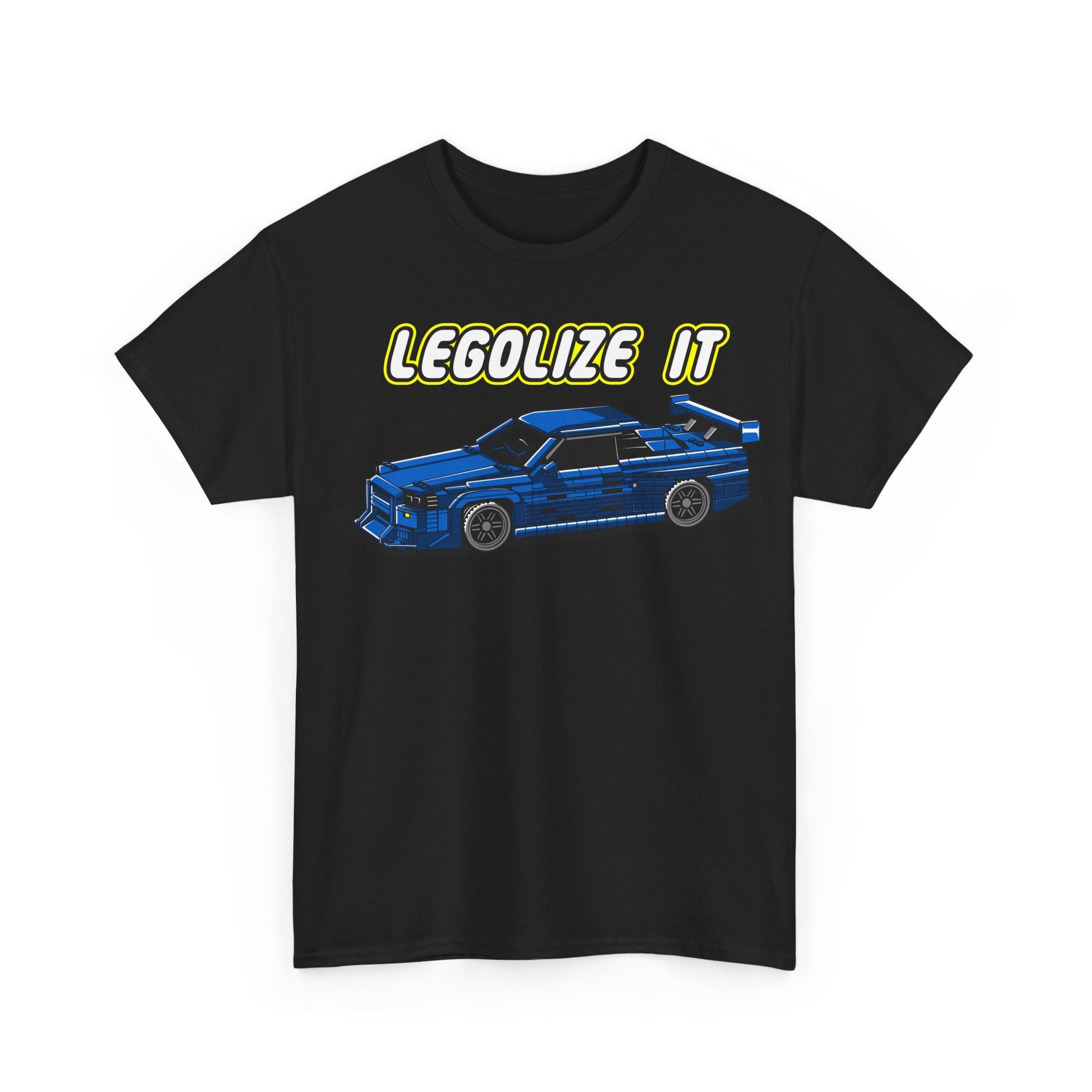 Chic front view of a black men's t-shirt featuring a vibrant pixelated blue sports car and 'LEGALIZE IT' slogan, blending retro aesthetics with contemporary flair.