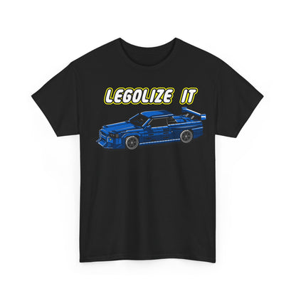 Chic front view of a black men's t-shirt featuring a vibrant pixelated blue sports car and 'LEGALIZE IT' slogan, blending retro aesthetics with contemporary flair.