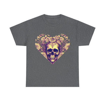 Skulls and Roses Cotton Tee in dark grey, displaying a striking steampunk skull encircled by roses, designed for those who appreciate unique fashion.