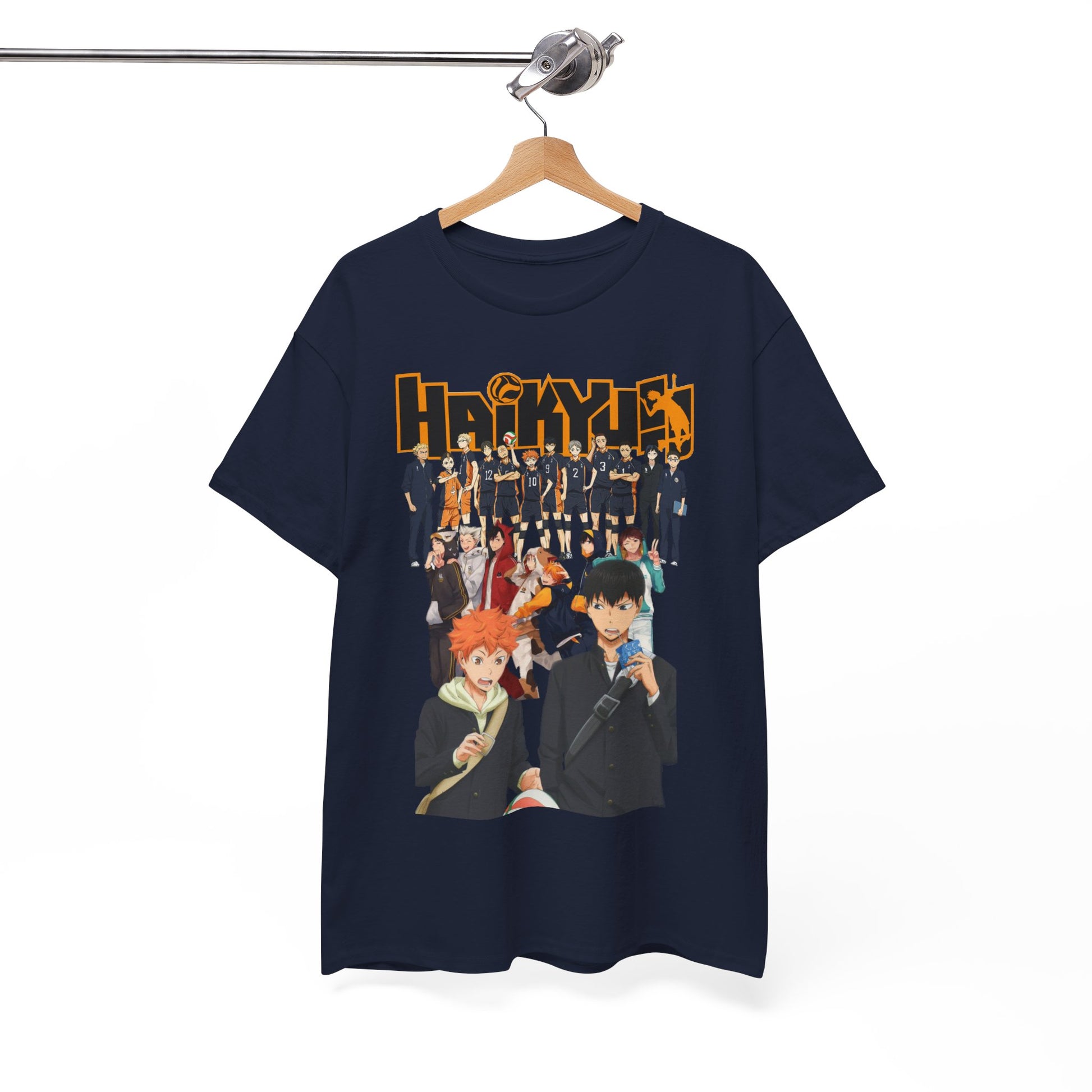 Chic Haikyuu!! All-Stars T-Shirt presented on a stylish hanger, emphasizing its exquisite design and premium fabric, perfect for fashionable anime fans.