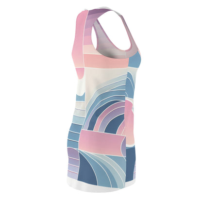 Celeste Rutherford Racerback Dress displayed on a model, emphasising its chic design and comfort, with a stunning pastel gradient of pink, purple, and blue.