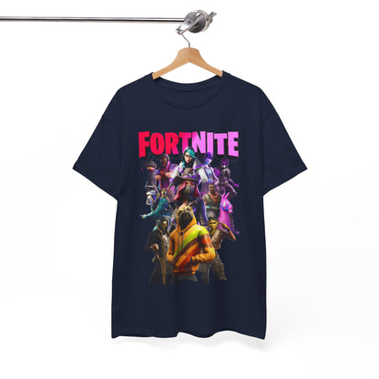 Elegant Fortnite graphic tee displayed on a wooden hanger, showcasing vibrant character artwork for stylish gaming enthusiasts.