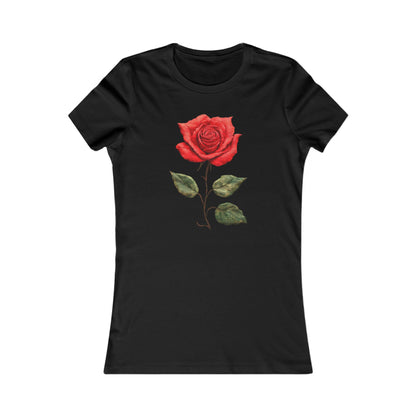 Eternal Bloom Sexy Women's Graphic Cotton Funny T Shirt Tee featuring a stunning illustration of a vibrant crimson rose on a black background, encapsulating beauty and resilience.