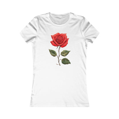 Luxurious women's graphic cotton t-shirt featuring a stunning crimson rose design, embodying beauty and resilience. Ideal for showcasing individual style.