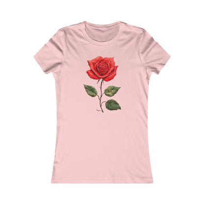 Eternal Bloom Sexy Women's Graphic Cotton Funny T Shirt Tee featuring a vibrant crimson rose design on a soft pink background, perfect for a stylish and artistic wardrobe.