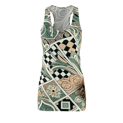 Elegant Vivienne Belmont Pastel Green Racerback Dress featuring a modern organic pattern design, showcasing intricate floral and geometric shapes.