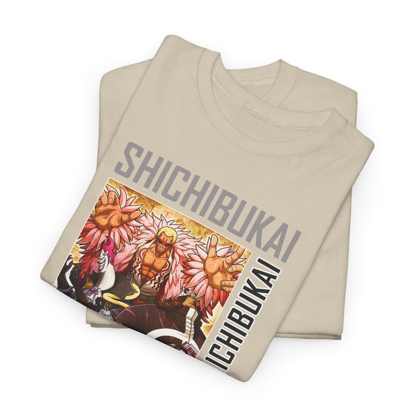 Stacked view of the luxurious beige One Piece Shichibukai T-Shirts, showcasing the high-quality fabric and distinctive graphic design, a must-have for dedicated fans.