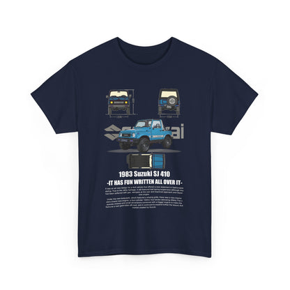 Luxurious men's t-shirt featuring a stunning graphic design of the iconic 1983 Suzuki SJ 410, showcasing its classic specs in an elegant navy hue, perfect for automotive enthusiasts.