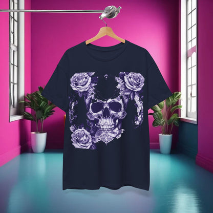 The Skulls and Roses Cotton Tee displayed on a hanger in a vibrant room, highlighting its edgy skull and rose print, perfect for unique casual wear.