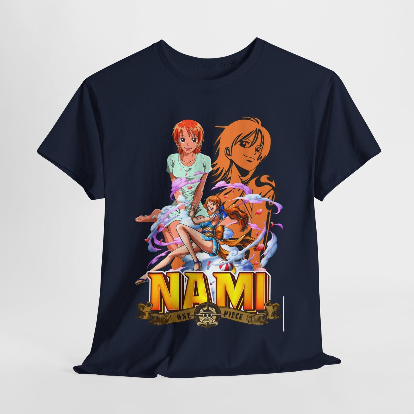 Sophisticated display of a navy blue men's t-shirt featuring elegant anime artwork of Nami from One Piece, perfect for fans and fashion enthusiasts.