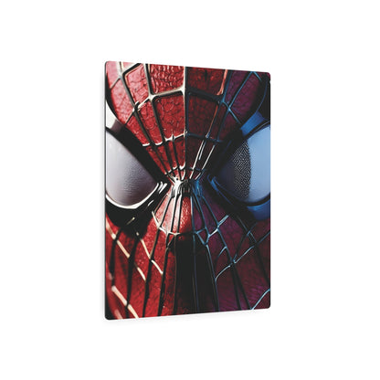 Another angle of the Spider-Man Metal Wall Art Poster, emphasising the rich colours and texture of Spider-Man's mask in glossy matte aluminium, ideal for luxury home decor.