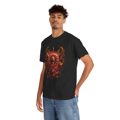 Stylish male model showcasing a premium black t-shirt adorned with an elaborate Warhammer graphic design, perfect for making a statement in urban casual wear.