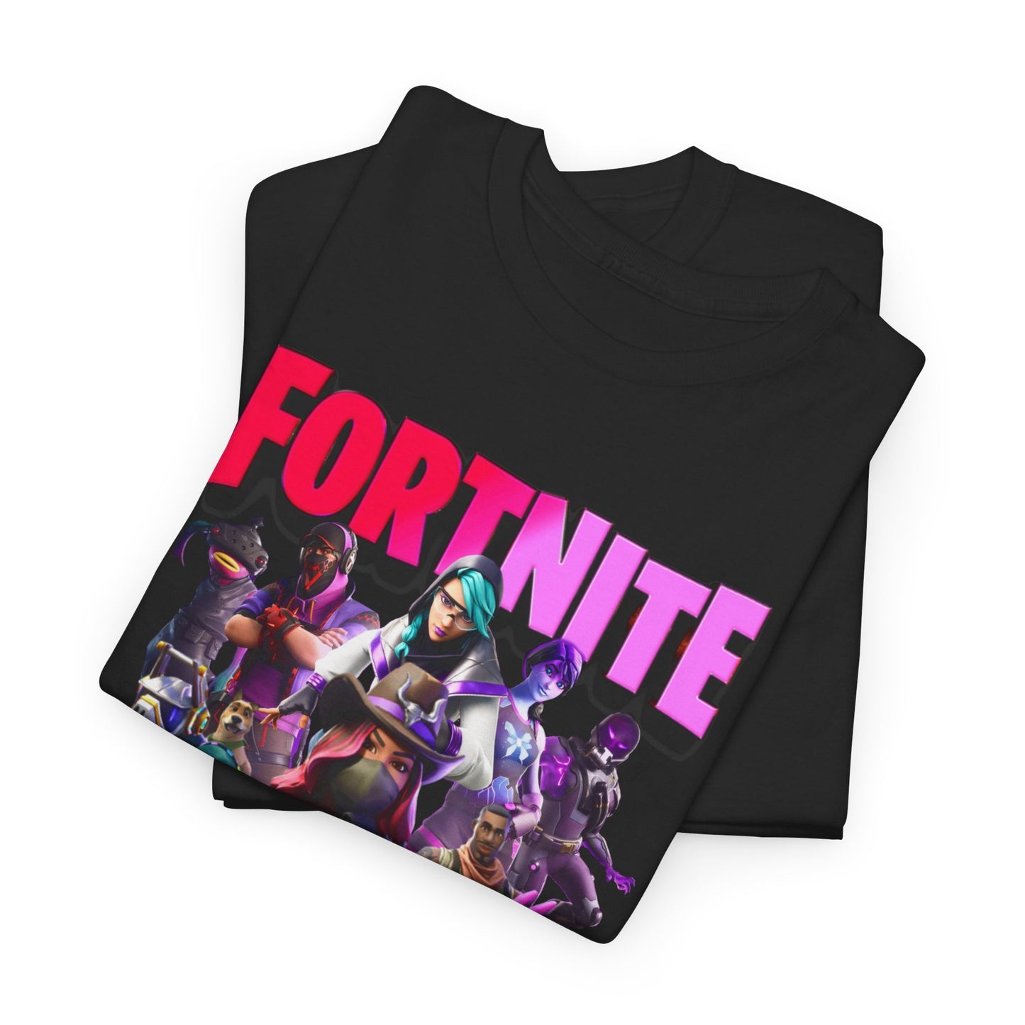 Stacks of premium black Fortnite Squad Drip T-Shirts folded neatly, showcasing the vibrant character print and luxurious fabric quality.
