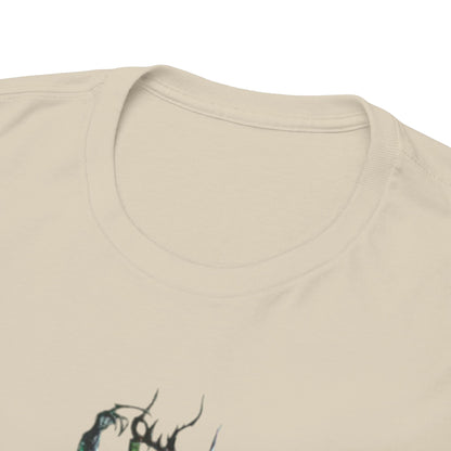 Close-up view of a premium quality unisex graphic t-shirt neckline, showcasing the intricate detailing of a fantasy creature graphic in a refined beige tone.