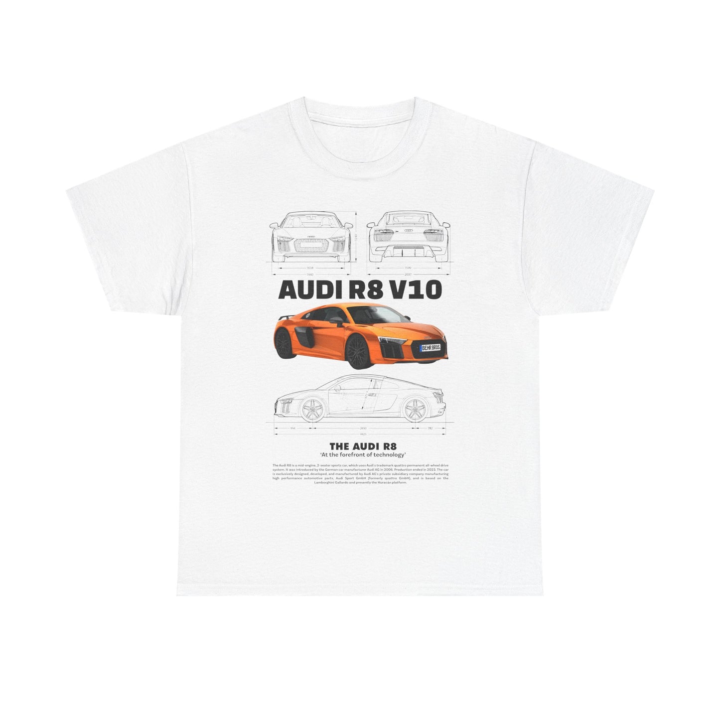 Luxurious Audi R8 V10 graphic T-shirt in white featuring detailed illustrations of the iconic sports car, perfect for automotive enthusiasts.