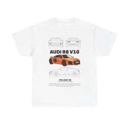 Luxury men's T-shirt featuring an eye-catching graphic of the Audi R8 V10 in vibrant orange, showcasing a detailed design with technical illustrations of the car's iconic profile, printed on a premium white fabric.