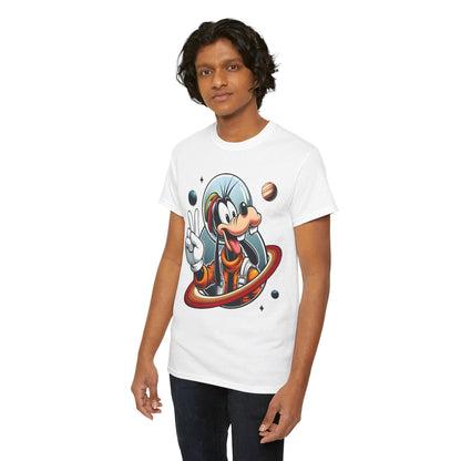 A stylish model wears the 'Blast Off with Goofy Astronaut Graphic Unisex Graphic Tee Shirt', displaying the charming Goofy astronaut graphic in a radiant orange and white ensemble.