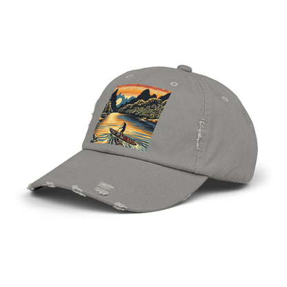 Unisex Distressed Paddleboarders Cap with Fantasy Design, showcased from an angle to highlight its unique artwork of water sports, ideal for discerning adventurers.
