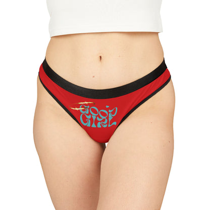 Elegantly showcased, the 'Good Girl' thong panty in vibrant red, featuring stylish black trim and distinctive typography, designed to enhance femininity and confidence.