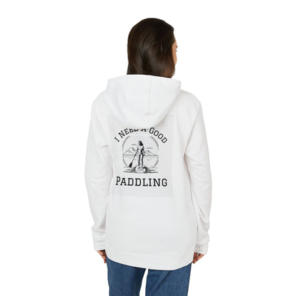 Adidas Women's Fleece 'I Need a Good Paddling' Hoodie in white, showcasing the back design with a paddleboarder illustration, combining style and comfort for paddleboarding enthusiasts.