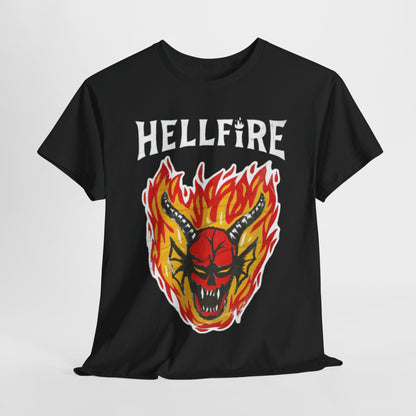 Luxurious black unisex graphic T-shirt featuring the striking 'HELLFIRE' logo alongside a vivid illustration of a fiery demon skull, perfect for retro gaming enthusiasts.