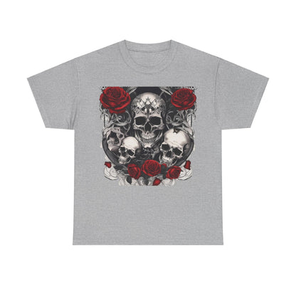 Close-up of the grey Skulls and Roses Cotton Tee, showcasing the detailed skull and rose artwork, emphasising luxury in alternative fashion.