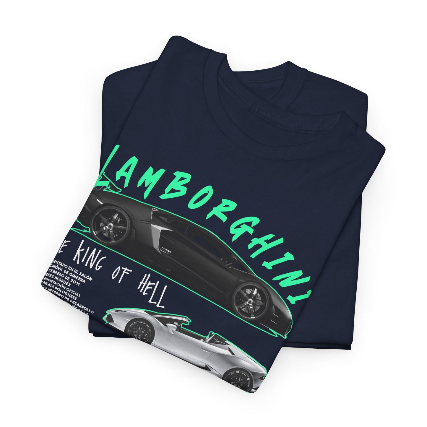 Luxurious Lamborghini Aventador men's T-shirt featuring bold design elements, showcasing a sleek black and silver car illustration with striking teal-green typography reading 'LAMBORGHINI' and 'THE KING OF HELL'.