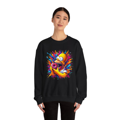 A fashionable individual wearing a black sweatshirt with a vibrant Homer Simpson graphic, embodying a luxury casual look and titled 'Simpsons Homer Donut Unisex Sweatshirt Urban Homer’s Hungry Delight'.