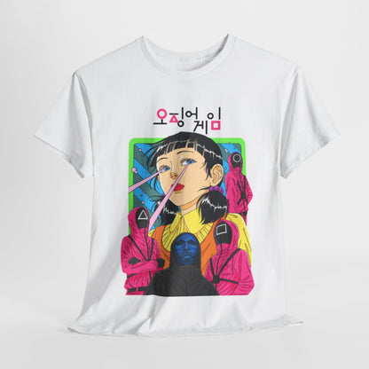 Luxurious white graphic t-shirt featuring an artistic print inspired by the popular series, showcasing vibrant colors and a striking illustration of a character, suitable for stylish individuals seeking unique fashion statements.