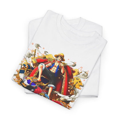 Luxurious adventure-themed graphic t-shirt featuring an iconic anime character surrounded by treasure, showcasing vibrant colours and intricate detailing, ideal for stylish menswear enthusiasts.