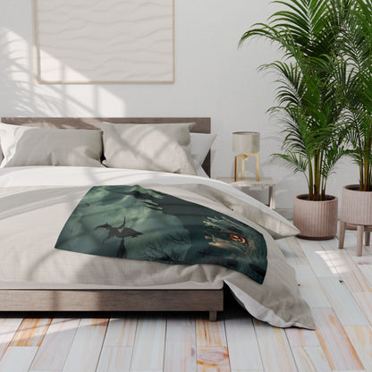 Exquisite Decorative and Warm Halloween Spooky Arctic Fleece Blanket displayed on a chic bed, highlighting an enchanting Halloween motif with a witch in flight, designed to elevate your cozy autumn nights.