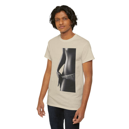Fashionable beige t-shirt elegantly modelled by a young man, showcasing a stunning monochrome image of a woman's torso with delicate lace accents.