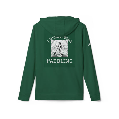 View of the back of the Adidas Women’s Fleece 'I Need a Good Paddling' Hoodie in green, featuring a chic paddleboarding graphic.