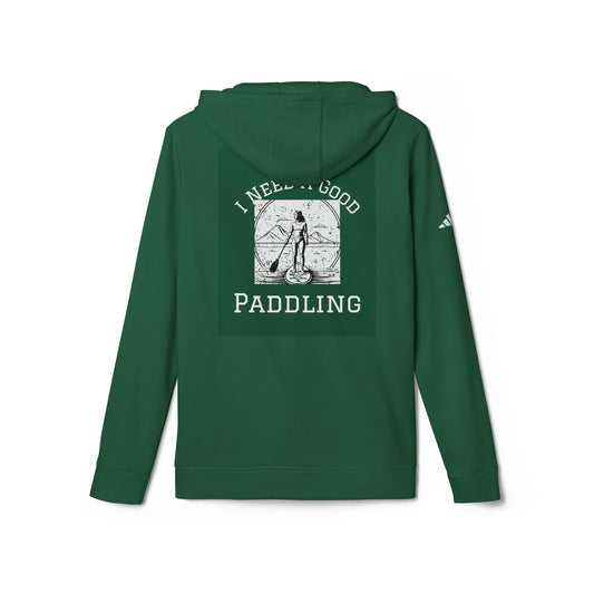 View of the back of the Adidas Women’s Fleece 'I Need a Good Paddling' Hoodie in green, featuring a chic paddleboarding graphic.