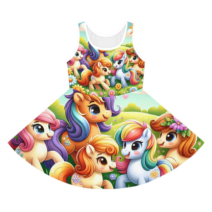 Serena Blissington Girls Sundress by Dazzling Dreams Studio featuring a vibrant cartoon pony design against a soft pastel backdrop, perfect for summer fun.