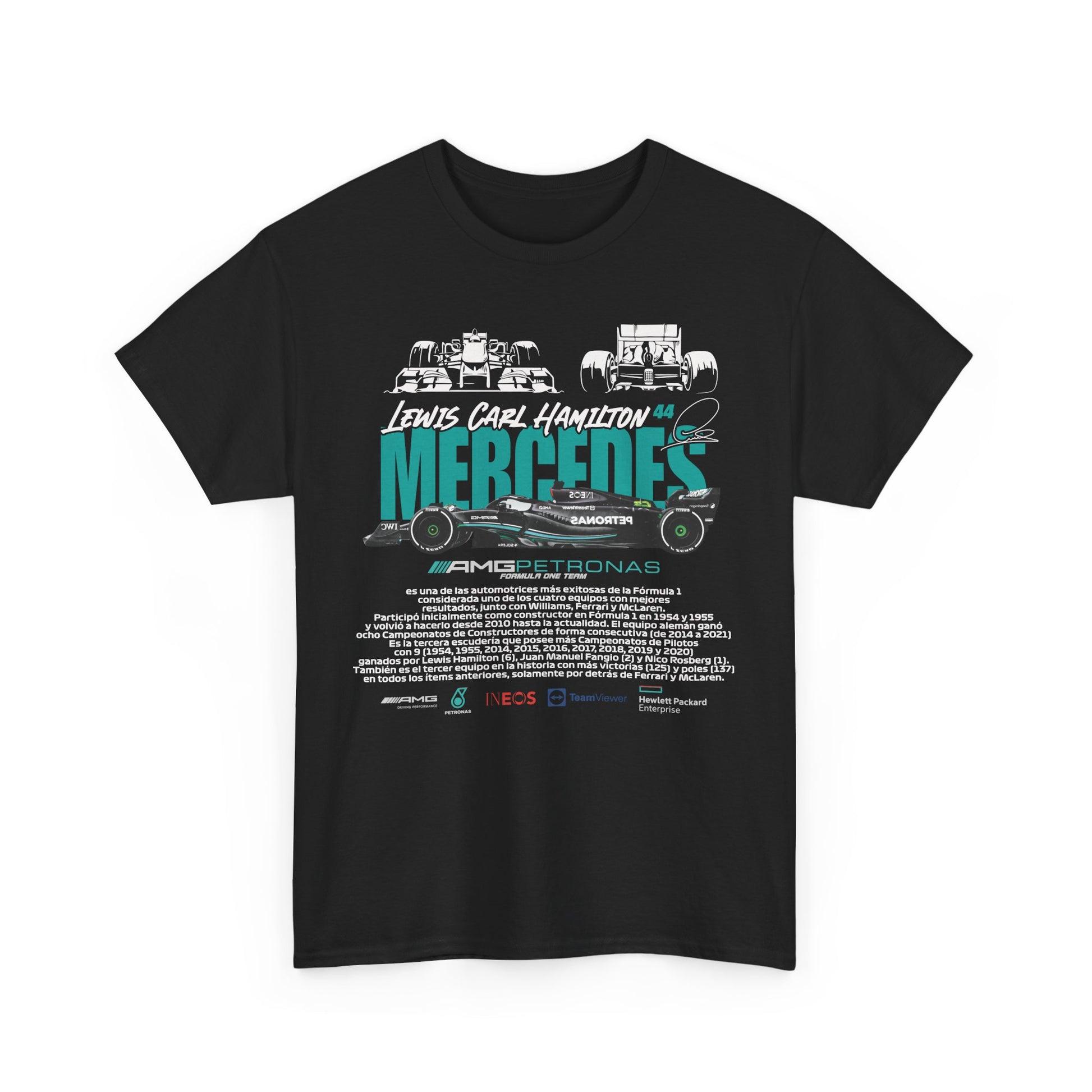 Stylish black t-shirt showcasing unique graphics celebrating Lewis Hamilton's achievements with the Mercedes AMG Petronas Formula 1 team, perfect for those who appreciate luxury and speed.