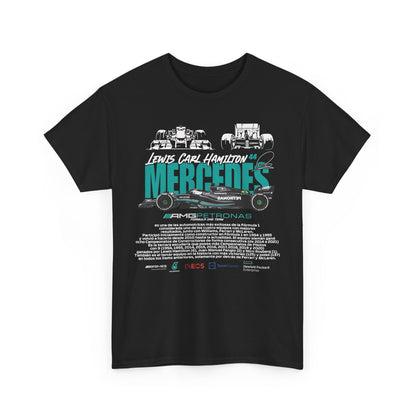 Stylish black t-shirt showcasing unique graphics celebrating Lewis Hamilton's achievements with the Mercedes AMG Petronas Formula 1 team, perfect for those who appreciate luxury and speed.