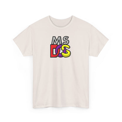 Unisex MS DOS Logo Graphic Tee featuring a bold vintage-inspired logo on a light beige fabric, perfect for retro computing enthusiasts and tech aficionados.