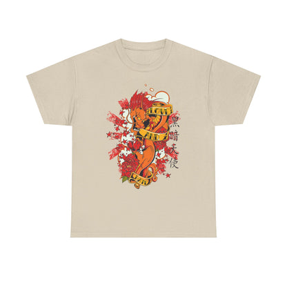 Chic beige men's t-shirt with a captivating dragon illustration, embellished with bright floral accents and the phrase 'LOVE AND', perfect for those who appreciate unique artistic expression.