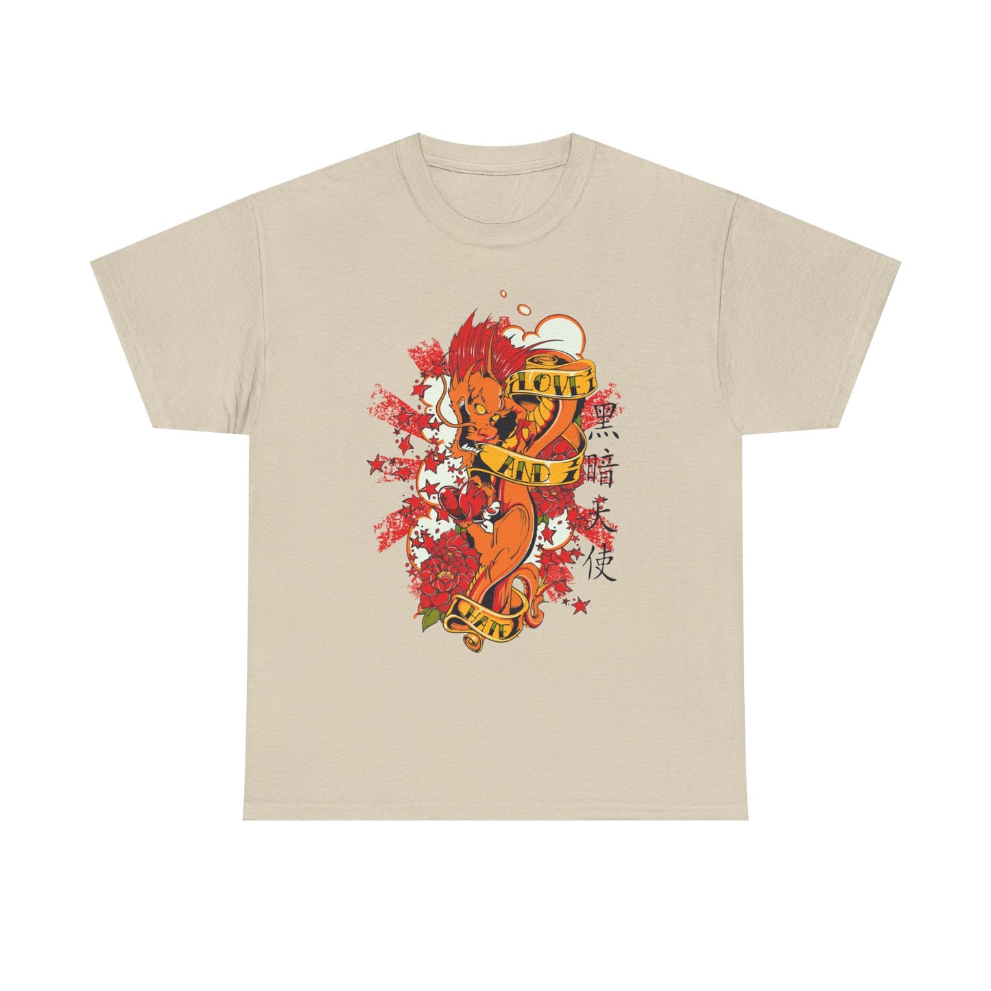 Fiery Dragon Men's T-Shirt in beige displaying an eye-catching graphic of a mythical dragon in dynamic colours, surrounded by beautiful floral accents and captivating banners stating "LOVE AND", embodying a harmonious blend of strength and elegance.