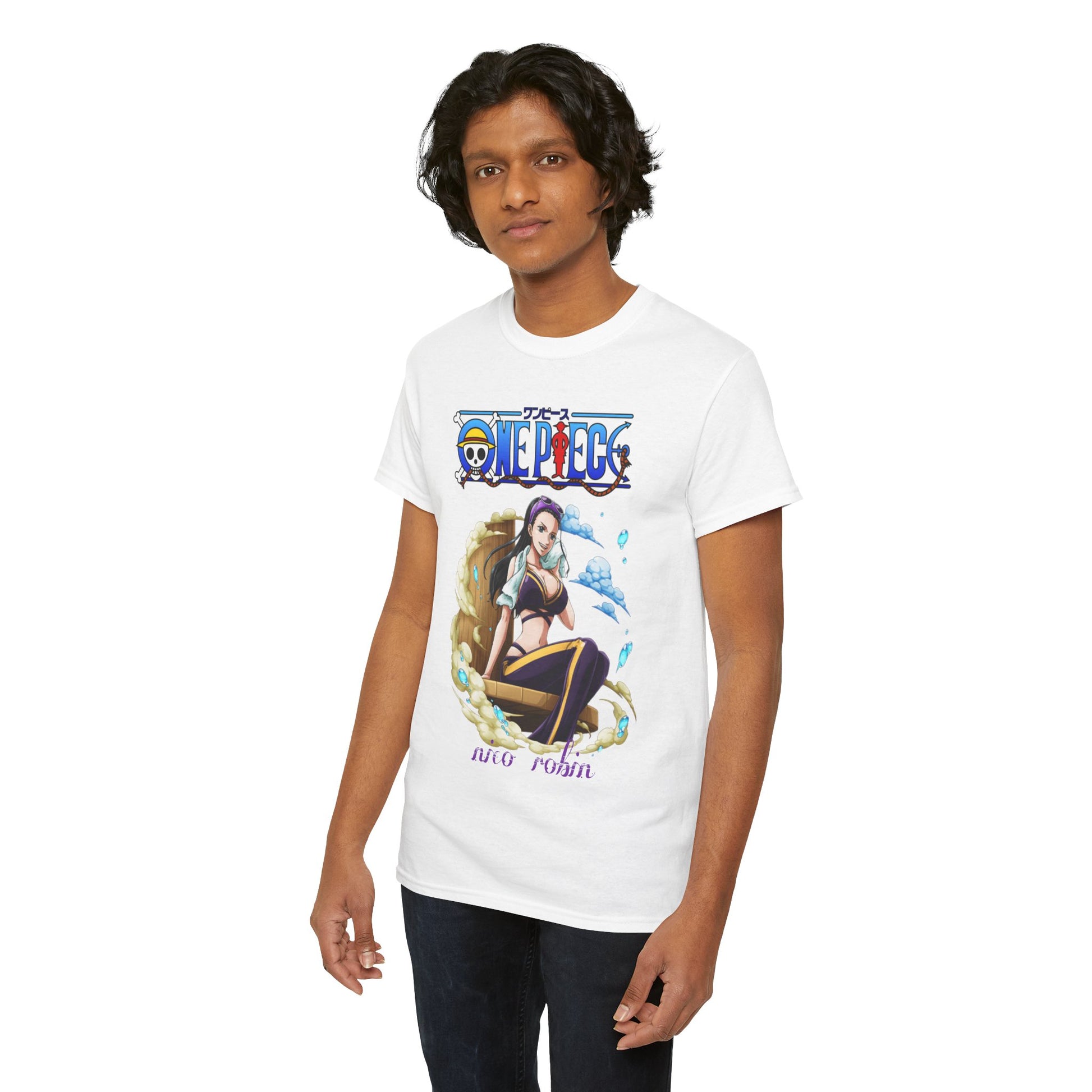 Elegant men's white t-shirt featuring a striking design of Nico Robin from One Piece, highlighting vibrant colours and intricate details, perfect for anime enthusiasts.