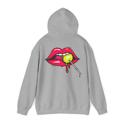 Back view of a chic grey hoodie featuring a bold graphic of luscious red lips and a green lollipop, combining playful art with high-end style.