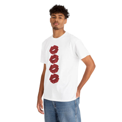 Sophisticated model wearing a white graphic t-shirt adorned with distinct red lip graphics, showcasing a playful yet elegant take on romantic fashion.