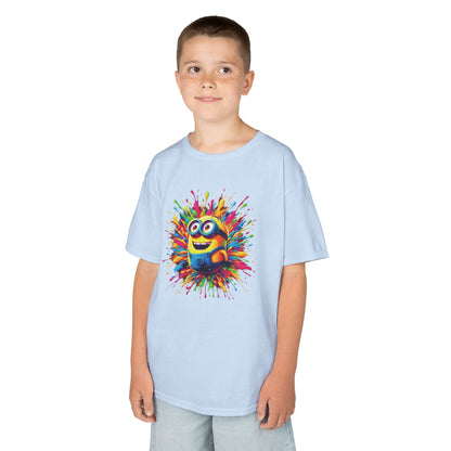 Luxurious Kids Minion Paint Splash T-Shirt featuring a vibrant Minion character amidst a colourful paint splatter design, perfect for stylish children's apparel.