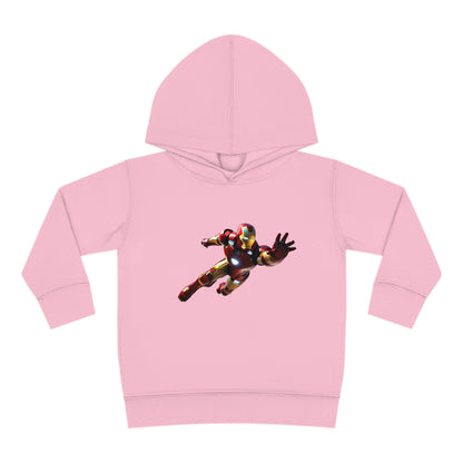 Kids Unisex Iron Man in Flight Hoodie - Soft pink fleece sweater for ages 2-5, adorned with a striking Iron Man graphic, modelled by a joyful child.