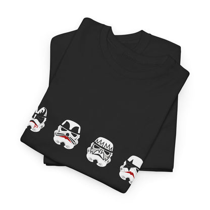 Sleek Kiss My Stormtroopers Parody T-shirt design, artistically displaying stormtrooper helmets with KISS influences on premium black fabric for unisex wear.
