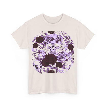 Front view of the luxurious Skulls and Roses Cotton Tee, featuring a striking design of skulls and roses in elegant purple hues, ideal for making a bold statement.